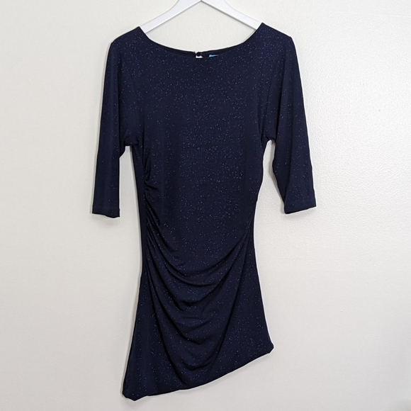 Alice + Olivia Navy Sparkly Medium Dress With Asymmetrical Hem - Picture 2 of 9